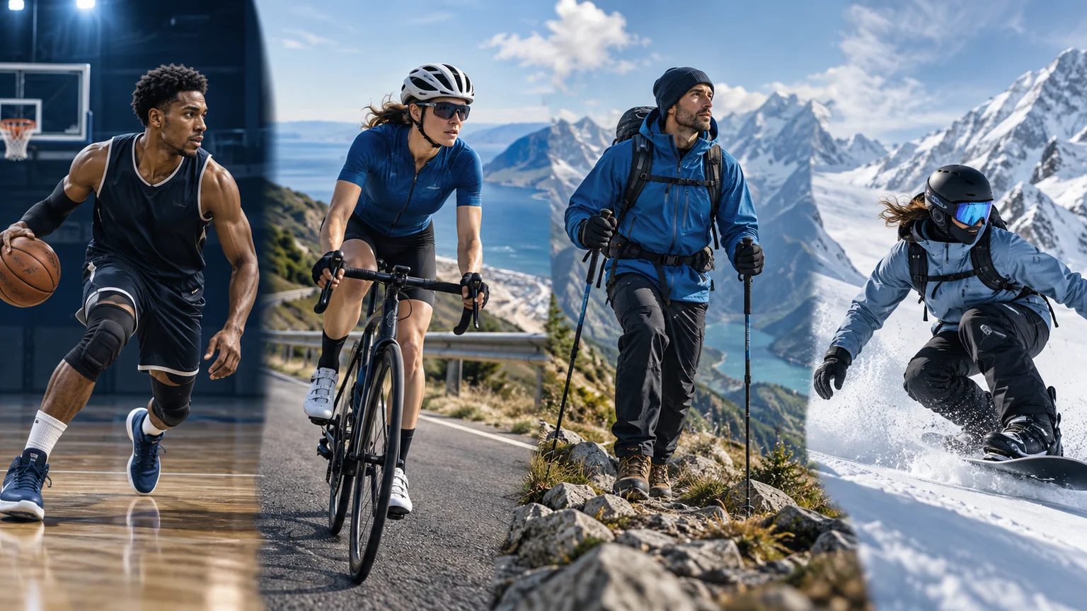 Unbranded editorial image showing basketball, cycling, hiking and snowboarding